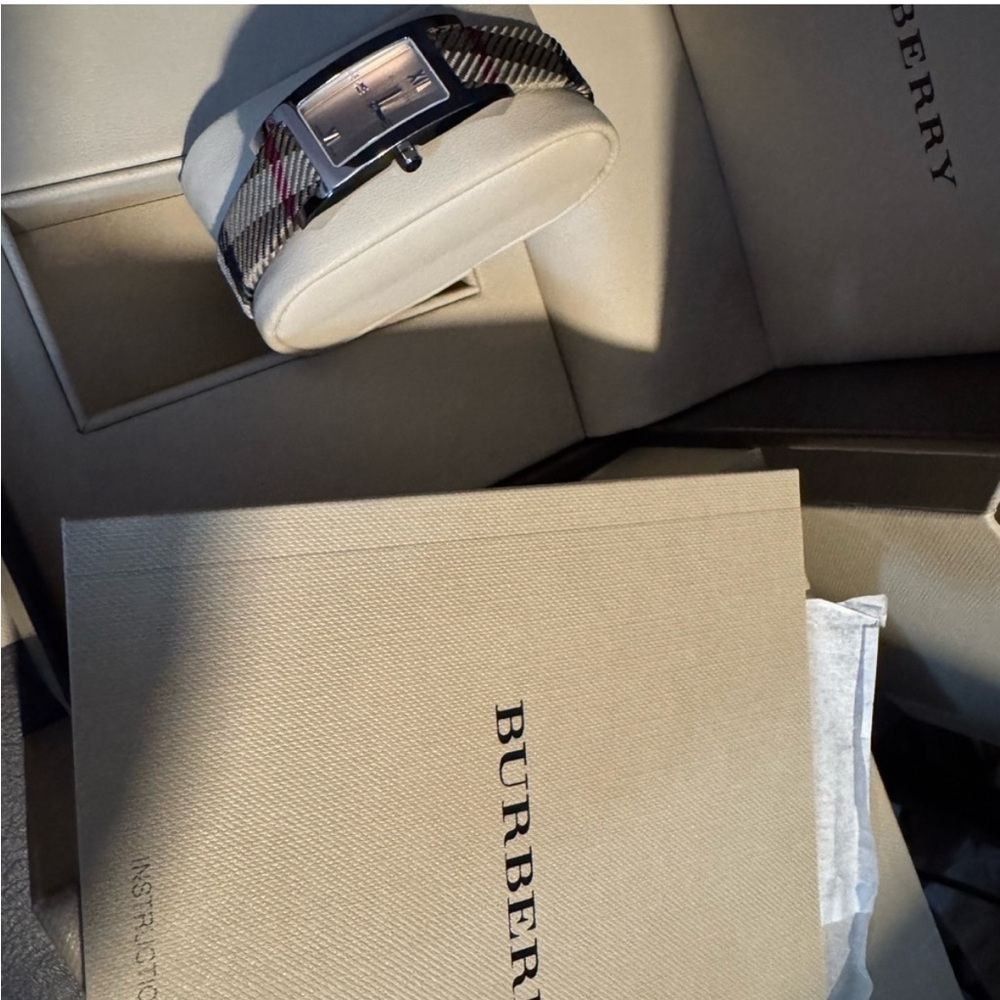 BURBERRY | Silver and Tan Watch with Signature Plaid Rectangular Face - Picture 4 of 4